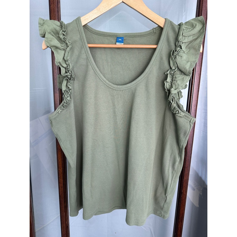 Old Navy Womens XXL Olive Green Ribbed Ruffle Sleeve Scoop Neck Tank Top